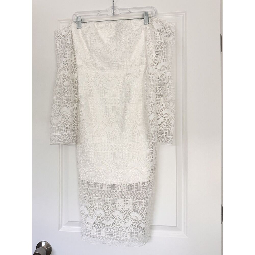 Bardot White Lace Off Shoulder Midi Dress XS US 4 Crochet Sheath Cocktail Bridal